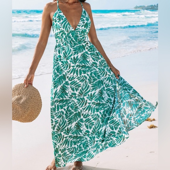 Cupshe Palm Leaf Plunging-V Sleeveless Maxi Dress - Picture 1 of 8